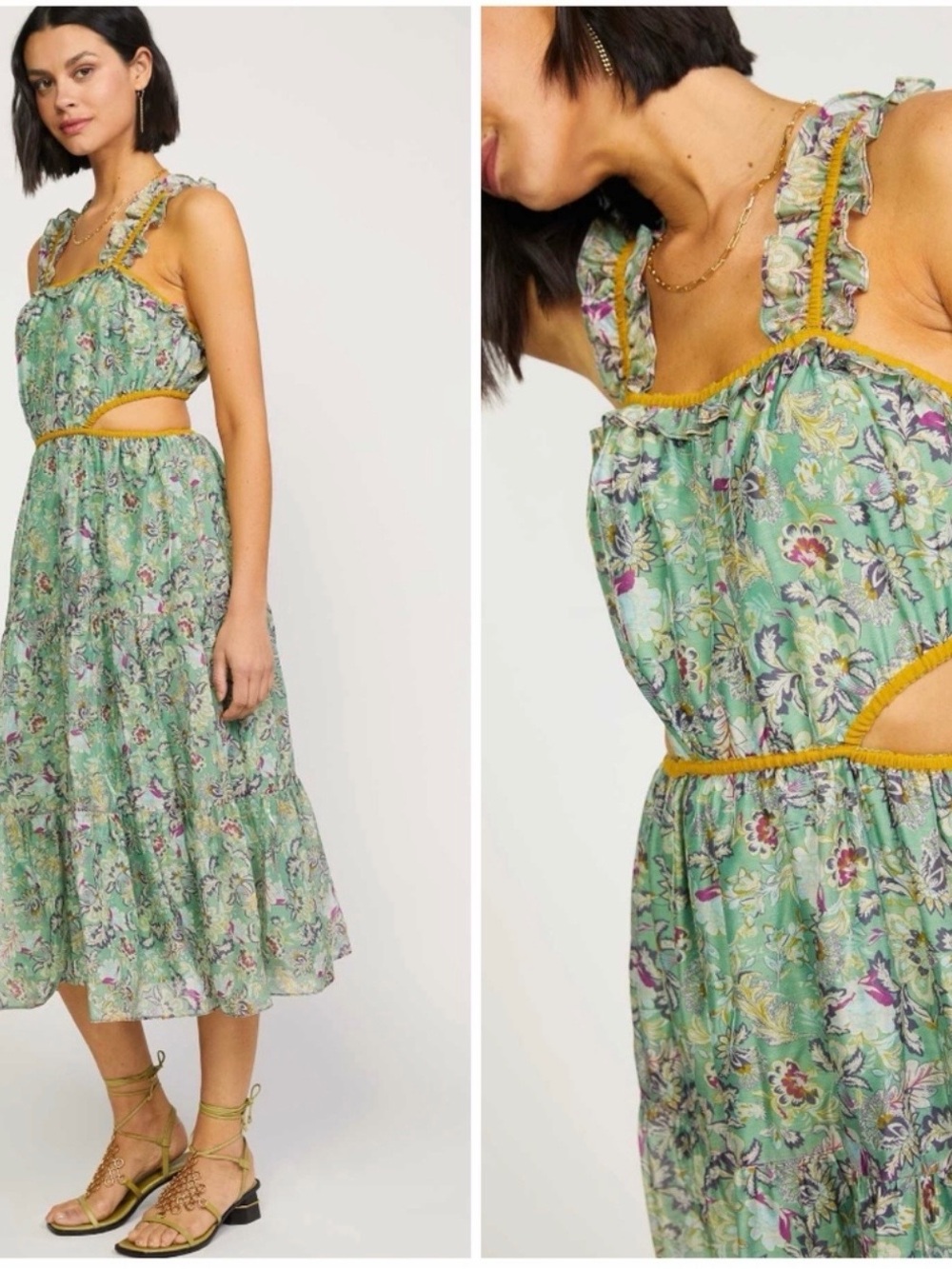 Current Air Open Back Green Floral Ruffled Maxi Dress with Yellow Trim